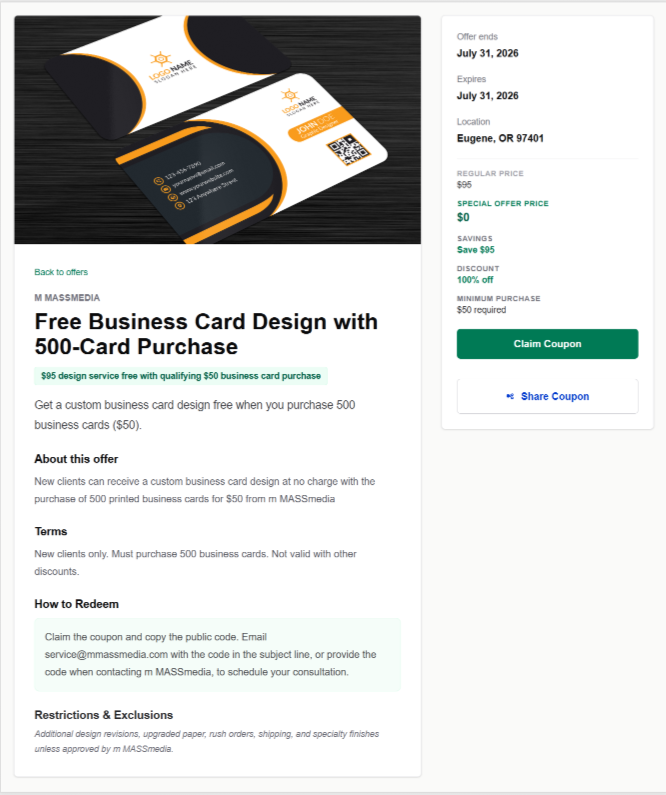 Current Coupclaim offer page showing a merchant promotion, its terms, and claim action